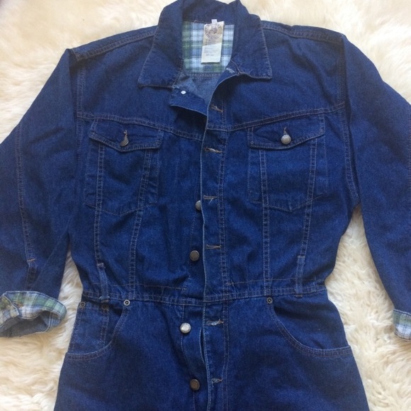 Denim and flannel plaid jumpsuit - Picture 2 of 10